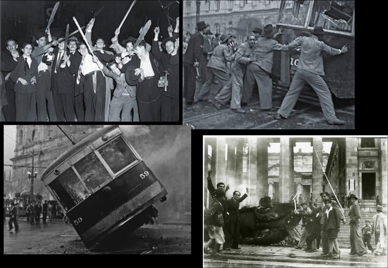 A downtown street strewn with rubble, wrecked trams and debris after riots, buildings gutted