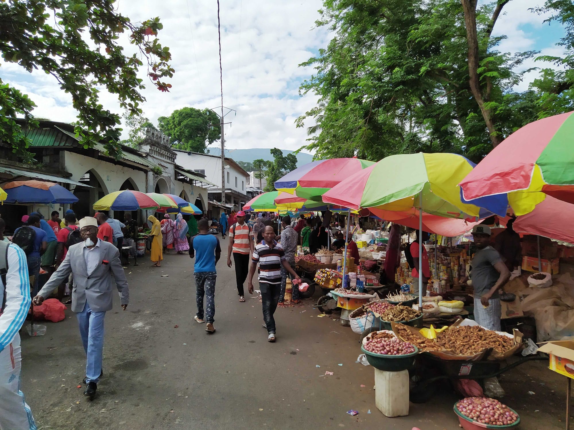 A busy outdoor market with vendors and produce