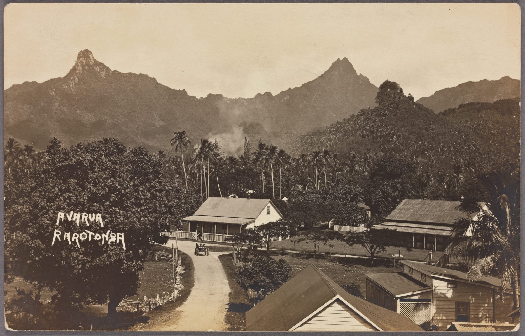 A 19th-century photograph of a palm-lined shore path with thatched and timber buildings