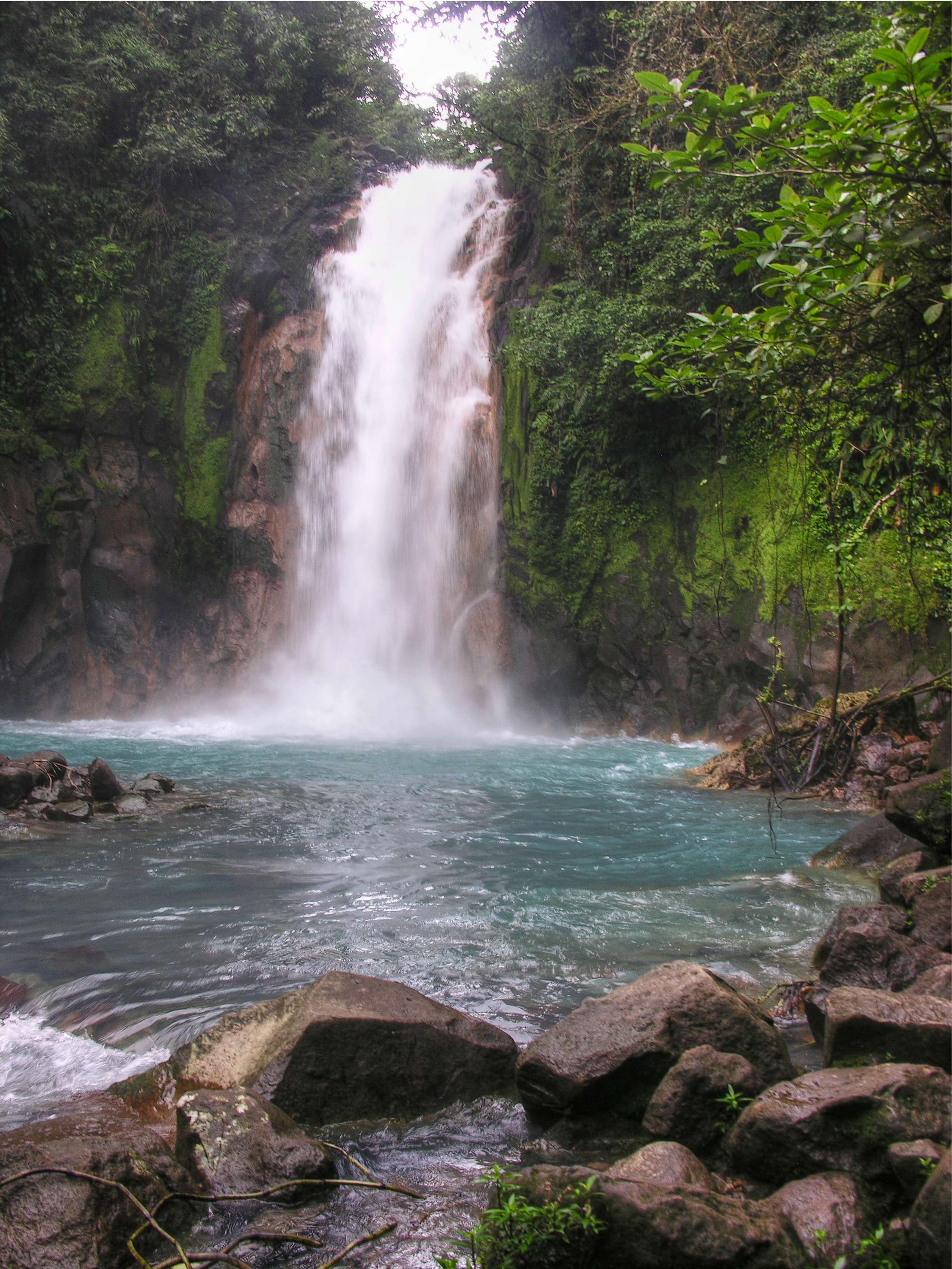 A waterfall and river of vivid milky sky-blue water in deep rainforest