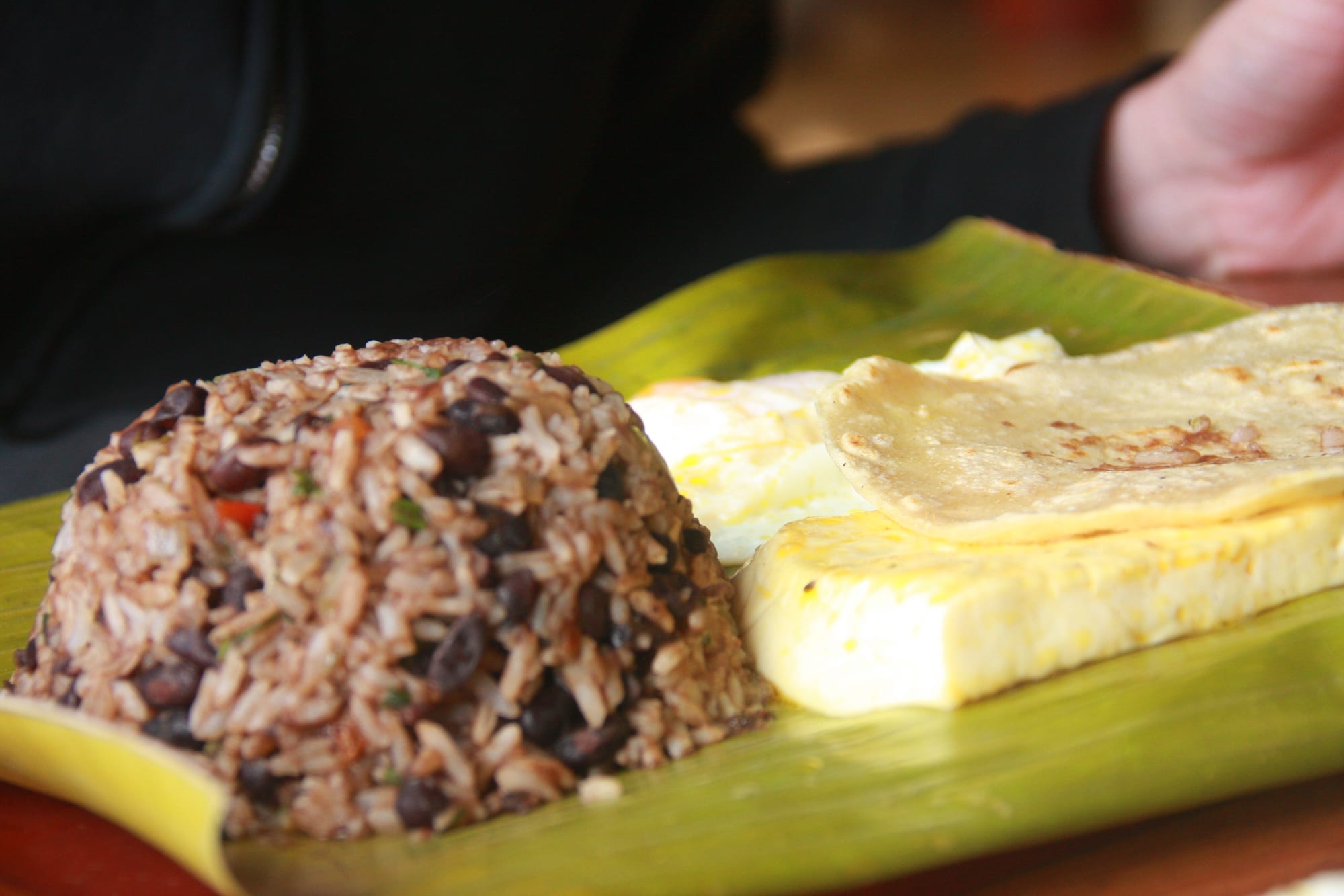 A plate of mixed rice and beans beside a fried egg, cheese and a corn tortilla