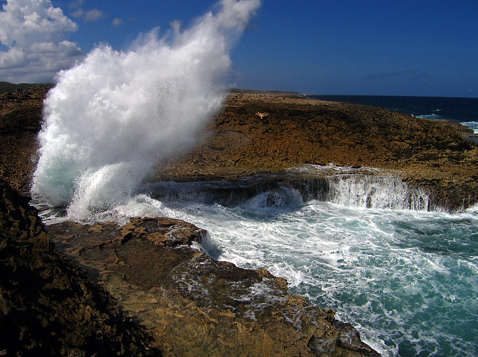 Waves smashing into a low rocky shore and exploding upward through gaps in the rock