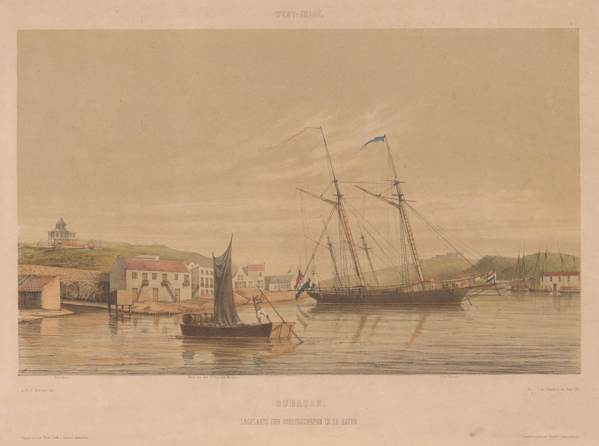A 19th-century colour lithograph of a two-masted sailing warship at anchor in a calm harbour, with whitewashed waterside buildings, a small cargo boat and low green hills