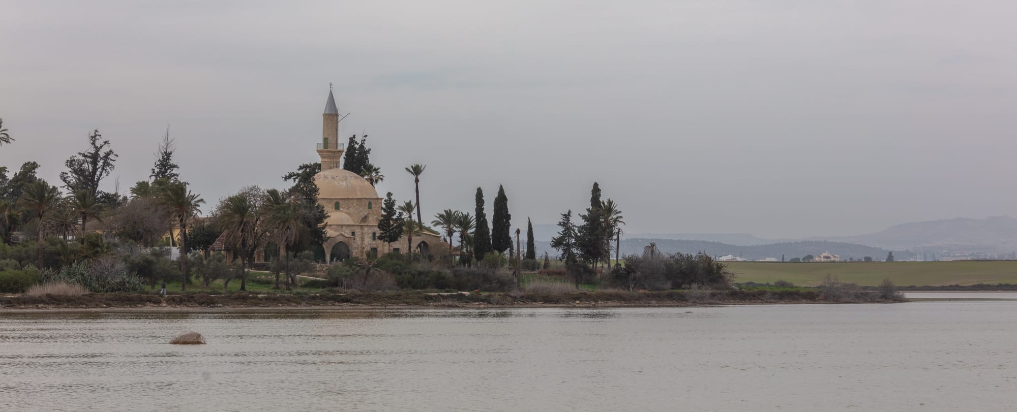A domed mosque with a minaret among palm trees on the edge of a wide salt lake
