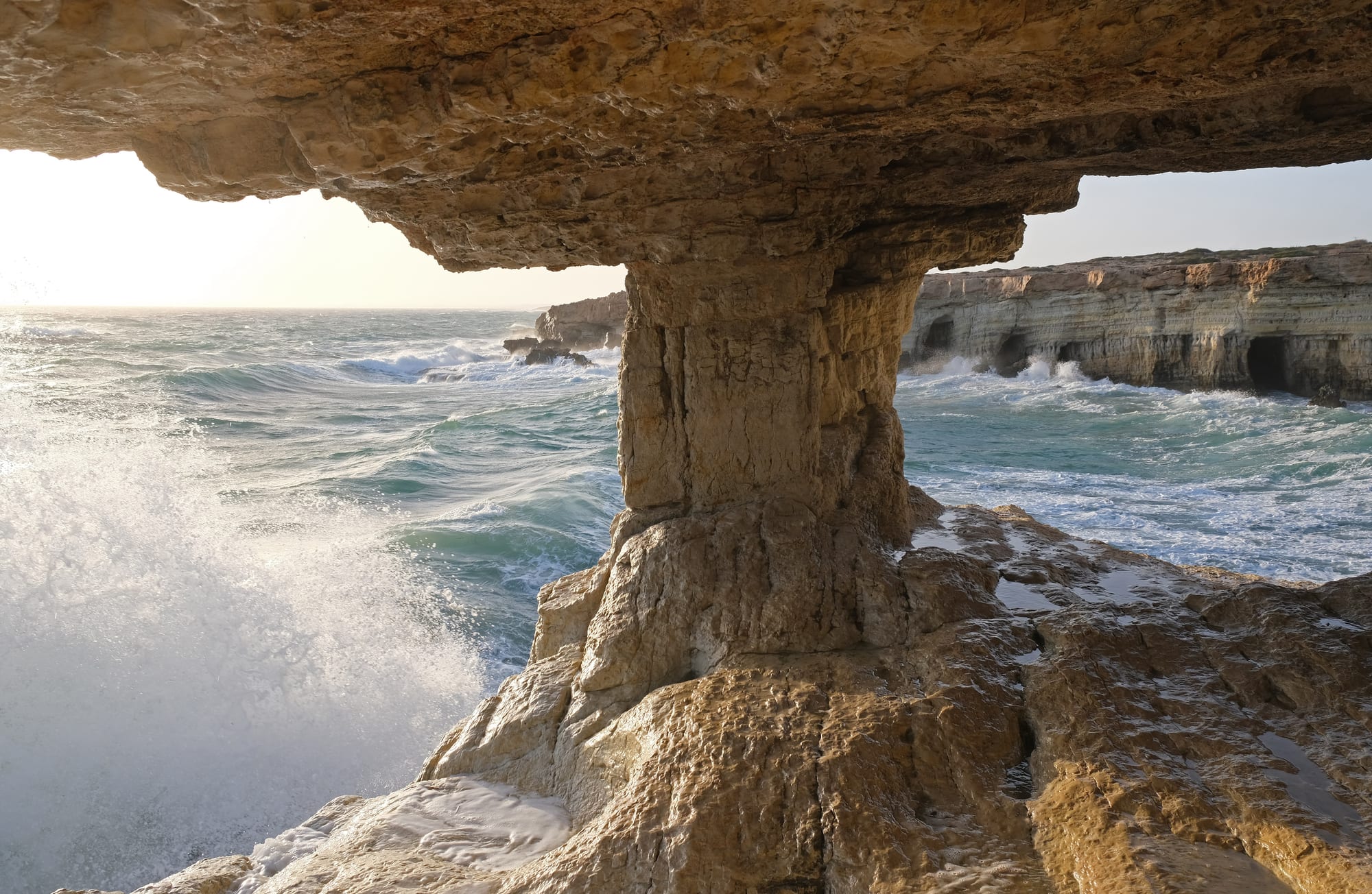 Low limestone cliffs undercut by the sea into arches and caves, clear blue water