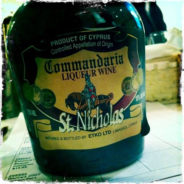 A bottle of dark dessert wine labelled Commandaria