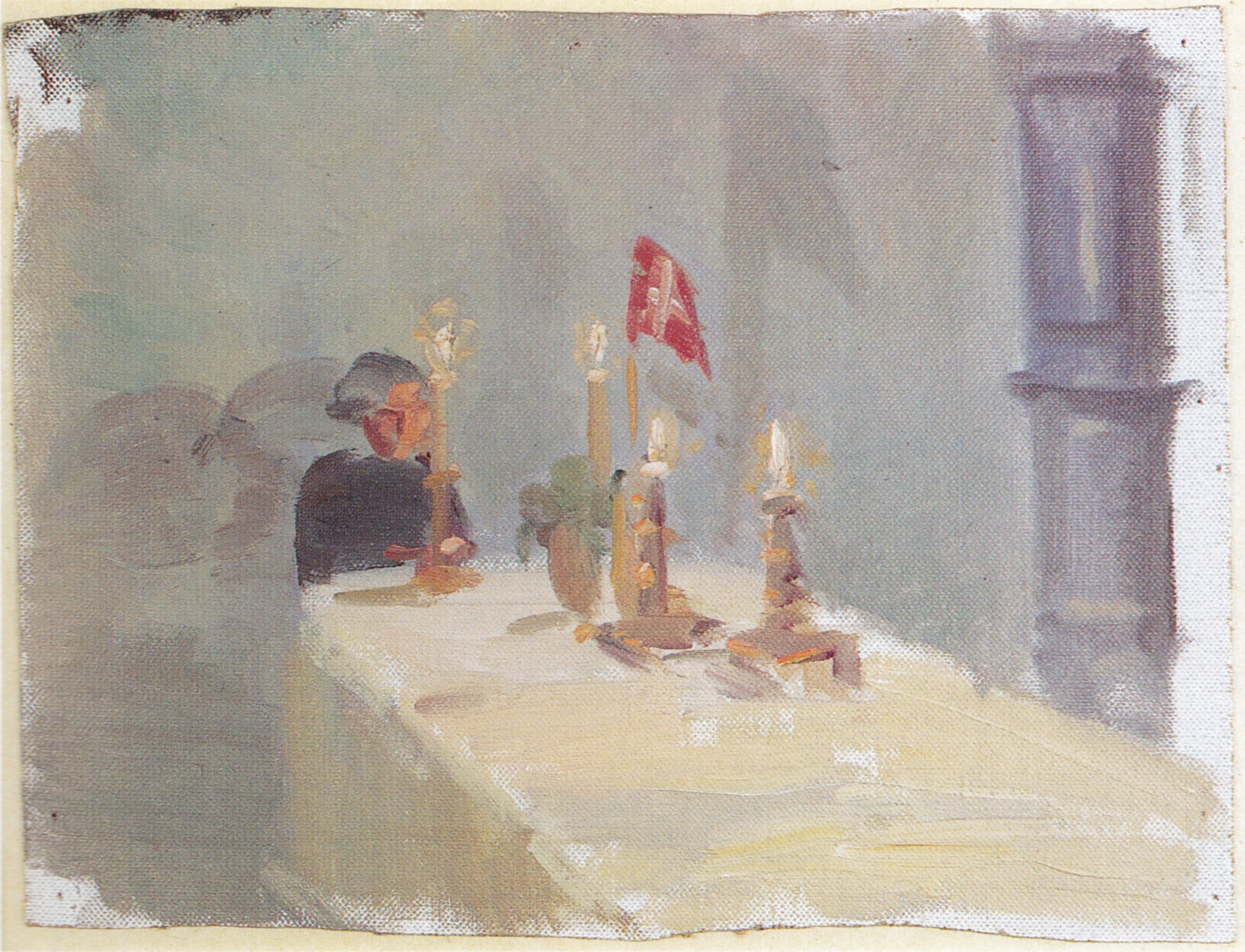 An oil sketch of a woman in a dark dress seated at the end of a long white-clothed table set with lit candlesticks, a small plant and a small red flag with a white cross