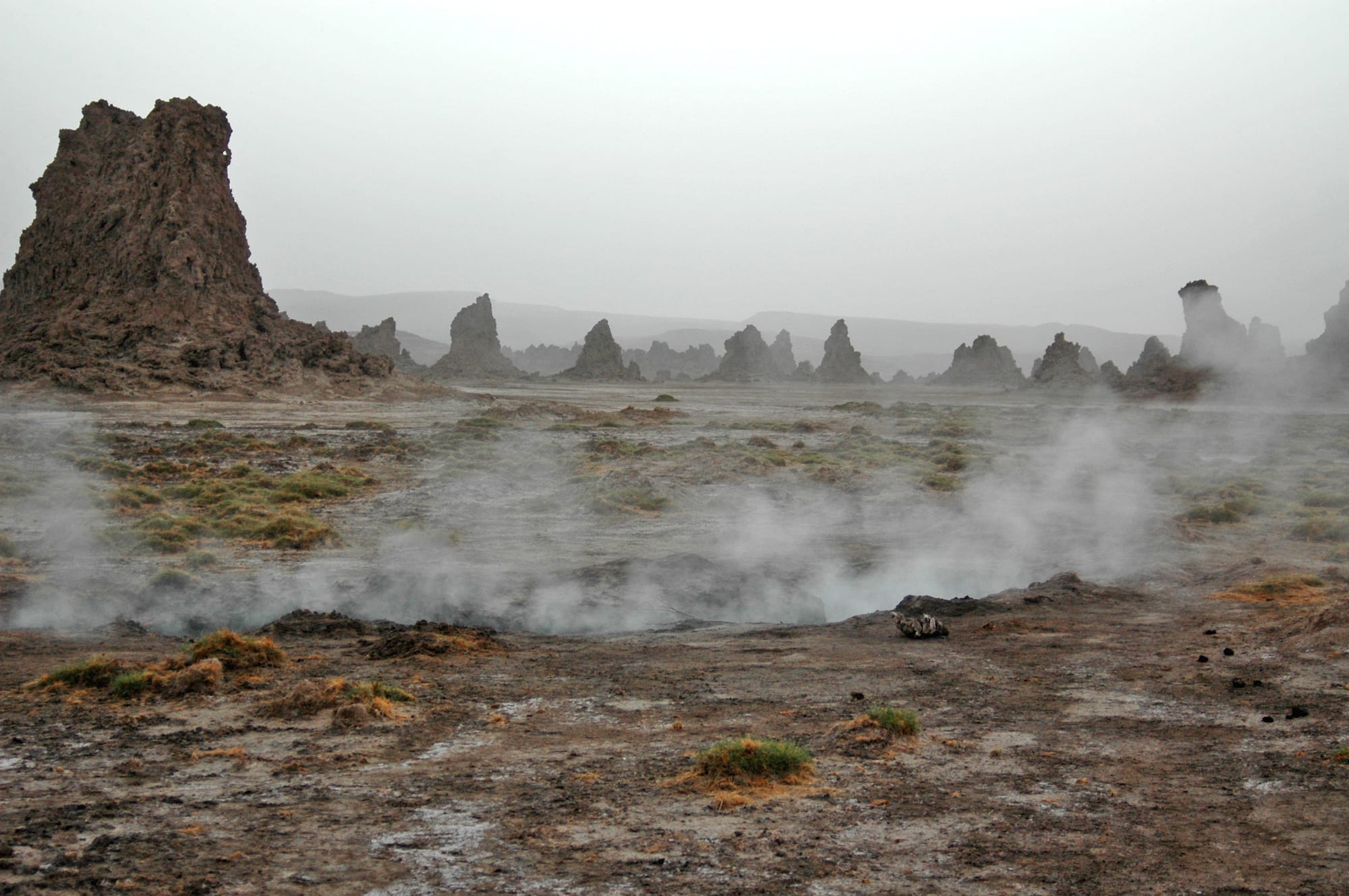 Tall pale limestone chimneys, some venting steam, scattered across a flat desert plain at dawn
