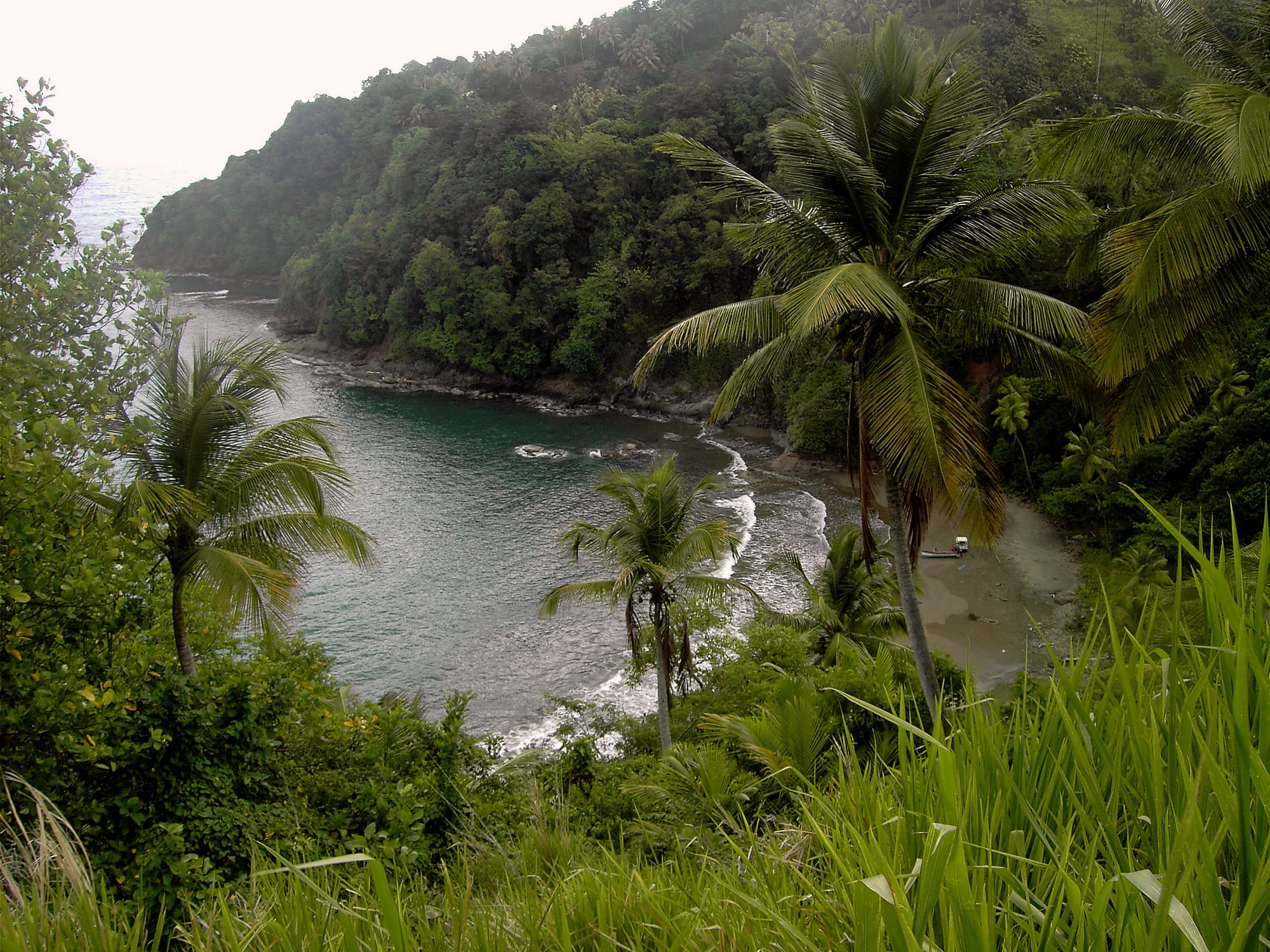 A green coastline of steep hills and small farms above a rocky Atlantic shore
