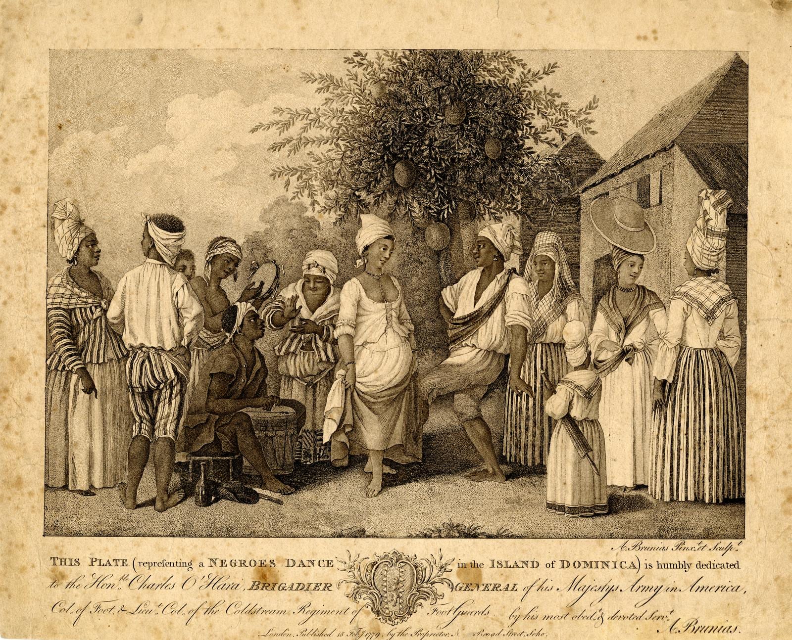 An 18th-century engraving of a couple dancing beneath a fruiting tree while a seated man plays a drum and a woman beats a tambourine, surrounded by onlookers in headwraps, striped skirts and shawls