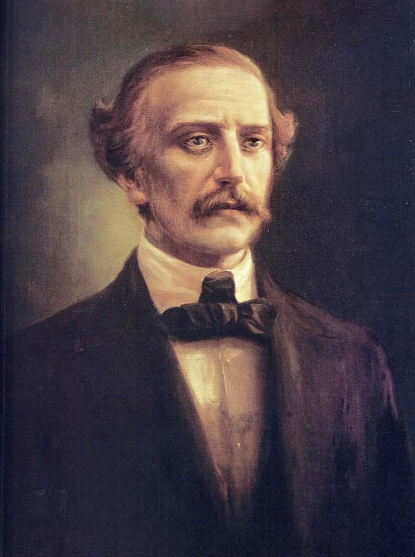 A 19th-century painted portrait of Juan Pablo Duarte, a bearded man in a dark formal coat
