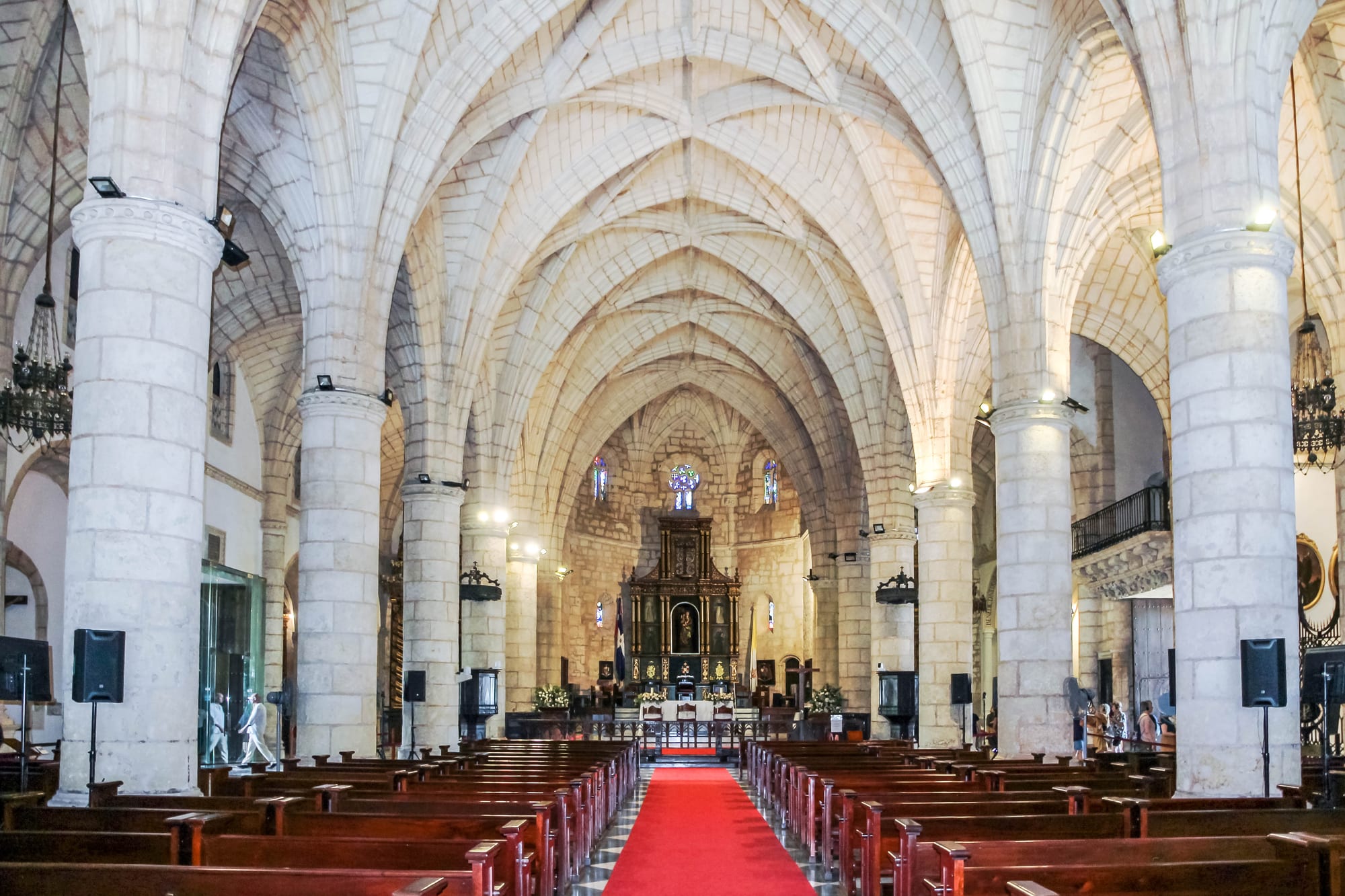 A weathered golden-stone cathedral with a Gothic-Plateresque façade in a palm-lined plaza
