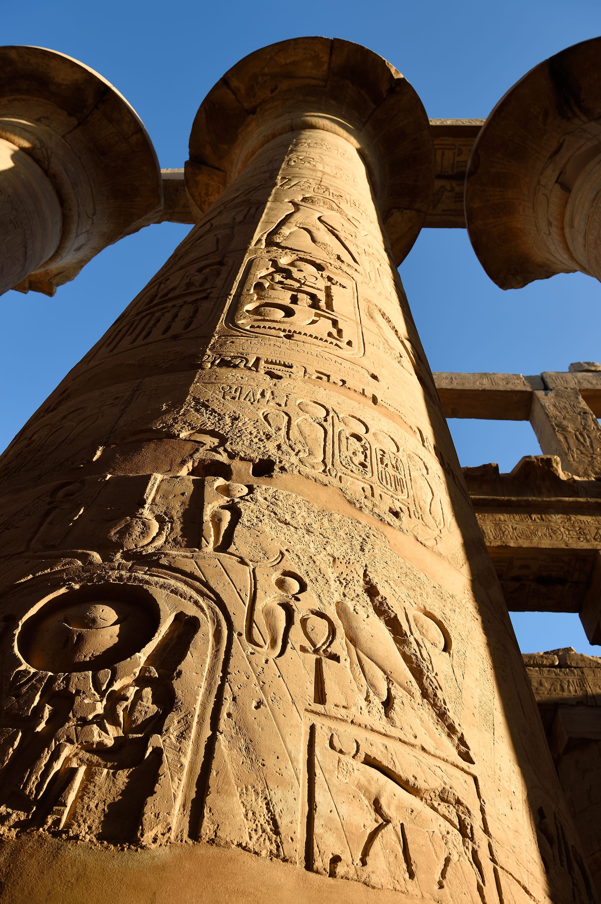 Rows of colossal stone columns with papyrus-bud capitals, some still bearing painted colour