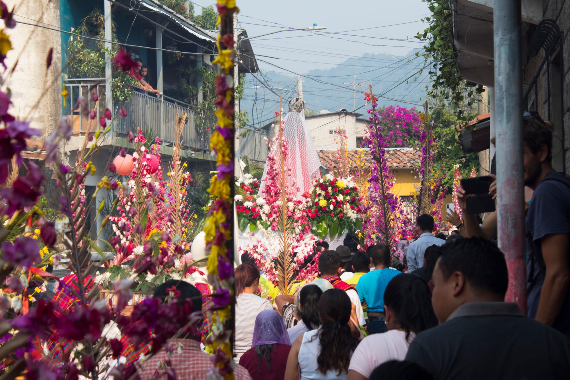 A crowd walks up a narrow street carrying tall palms covered in pink, purple, red and yellow flowers, with a veiled image carried high among them and hills behind