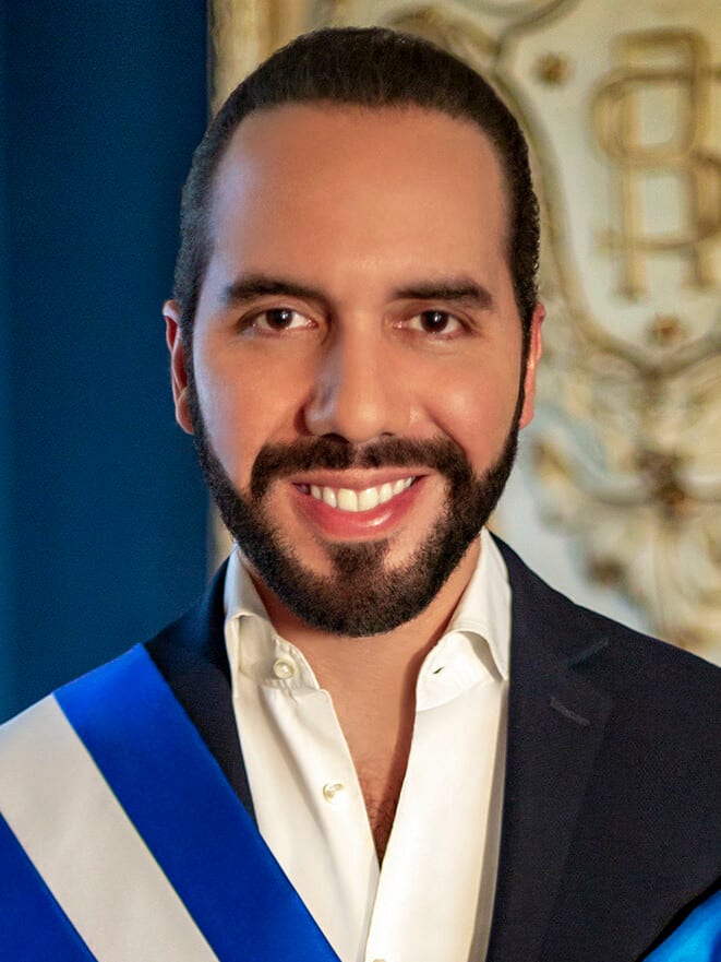 Nayib Bukele, a bearded man in a dark suit, looking toward the camera