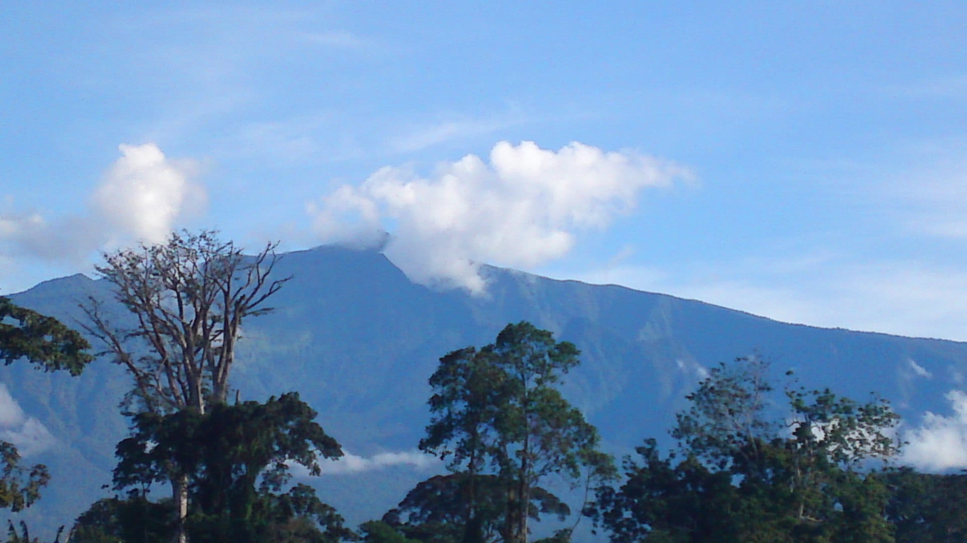 A high forested volcanic peak rising above lower green ridges and cloud