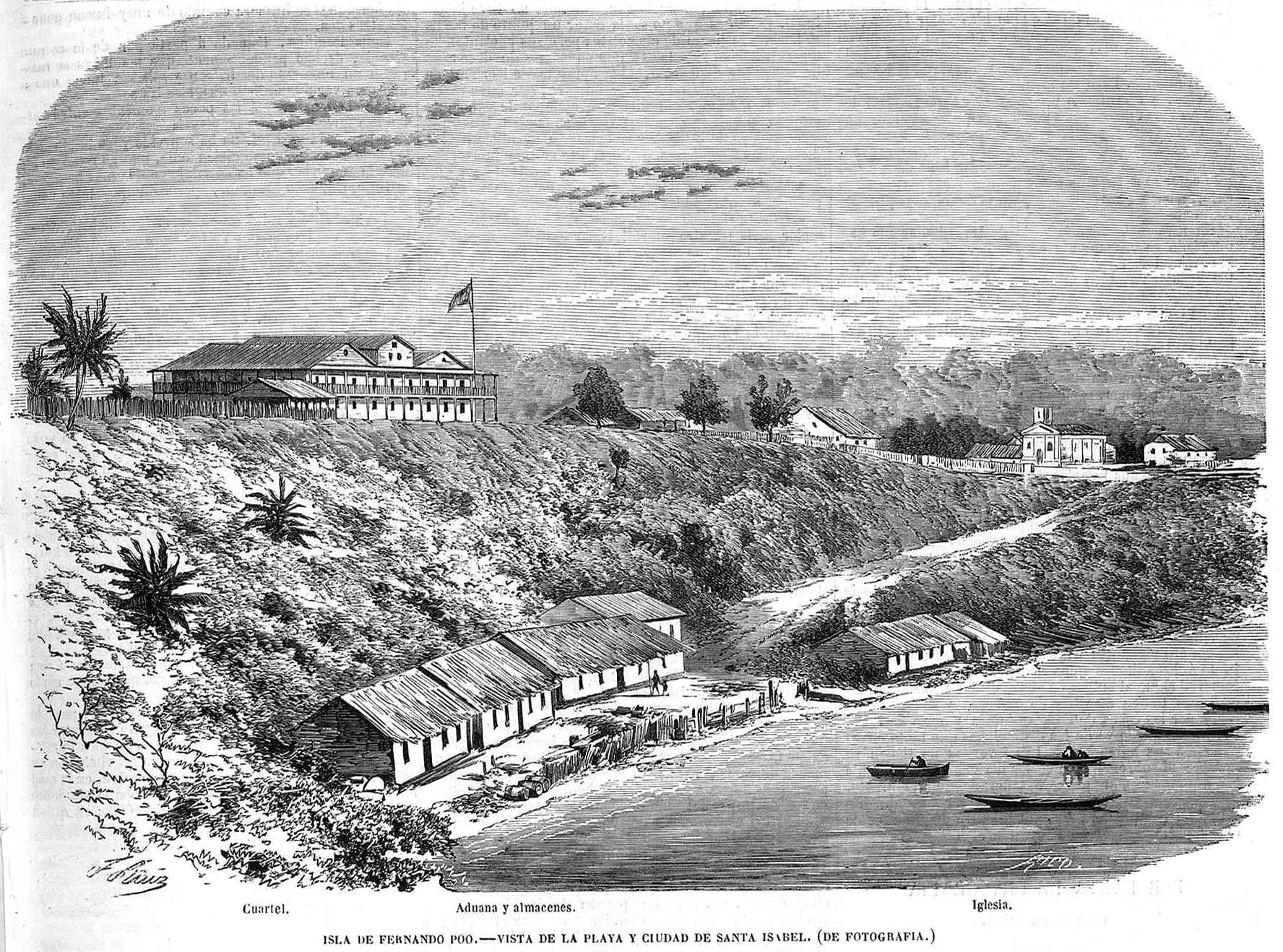 A 19th-century engraving of a small colonial town on a bluff above a beach, with a long two-storey barracks flying a flag, a row of warehouses on the shore and canoes on the water
