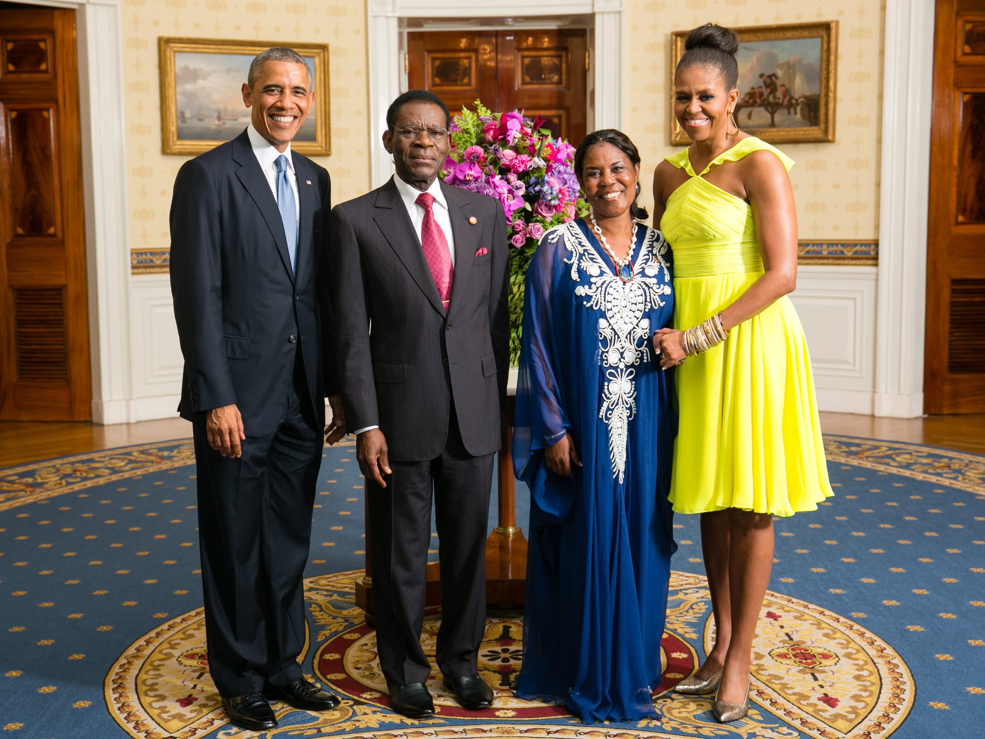 Teodoro Obiang and his wife greeted by Barack and Michelle Obama at a reception
