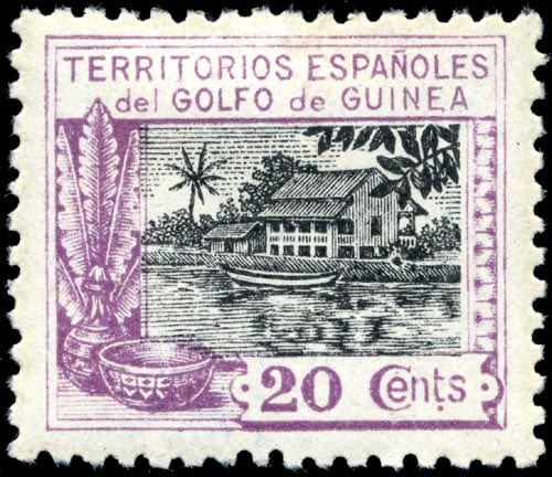 A 1924 postage stamp inscribed Guinea Continental Española, showing a palm-lined shore