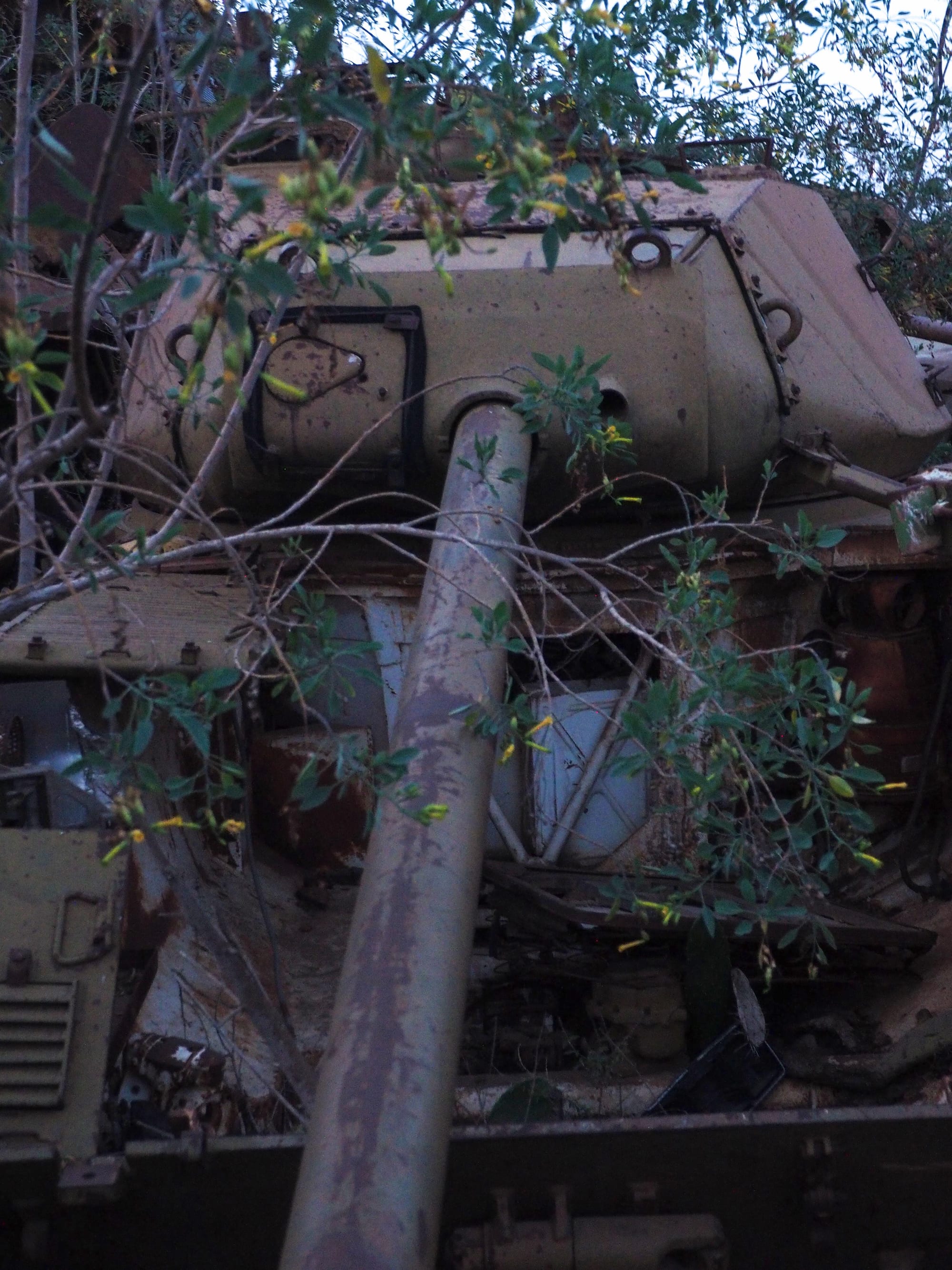 Rows of rusting tanks, trucks and armoured vehicles piled up in a field