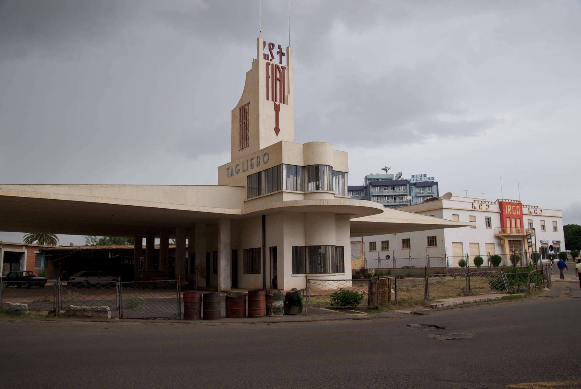 A dramatic 1930s petrol station with long cantilevered concrete wings like an aeroplane