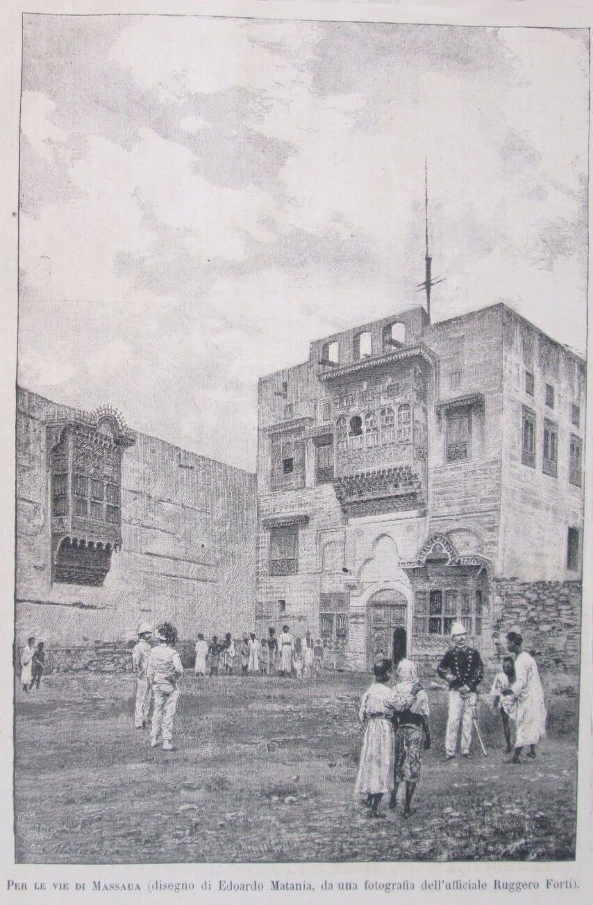 A 19th-century engraving of coral-stone buildings with arcades and shuttered windows in Massawa