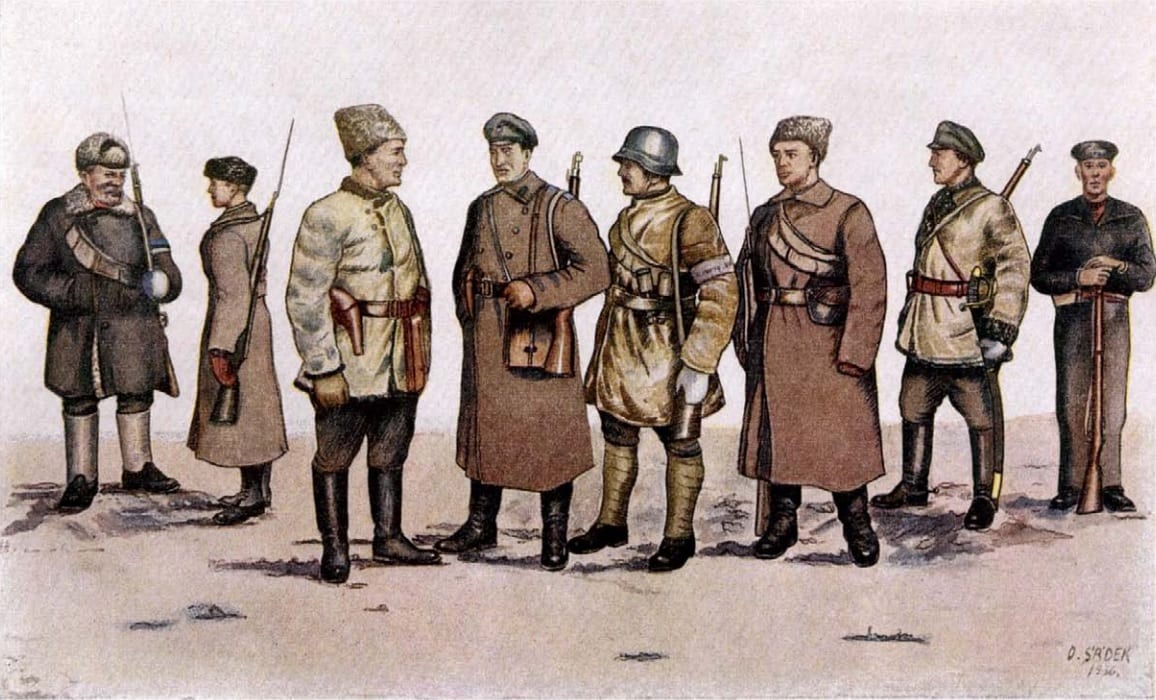 A 1919 drawing of Estonian infantrymen in winter uniform during the War of Independence