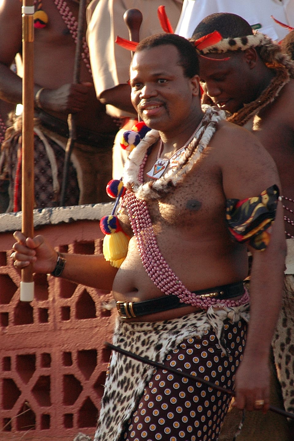King Mswati III in traditional dress with a leopard-skin sash, photographed in 2006