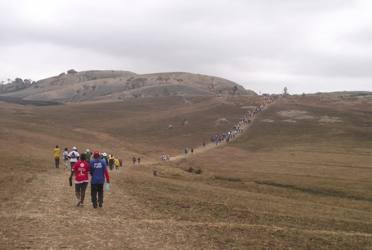 A vast bare dome of grey granite rising above bush and farmland