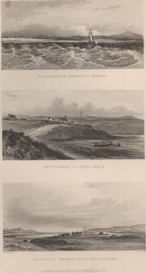 An 1833 lithograph of a small settlement of huts on a bleak shore with a ship offshore