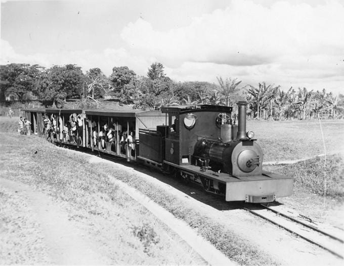 A small steam train on a narrow-gauge line beside sugarcane fields, 1947
