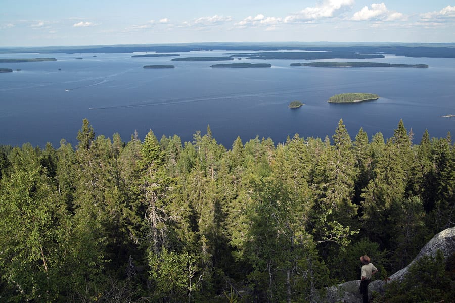 A view from a rocky hilltop over endless forest and a large lake dotted with islands