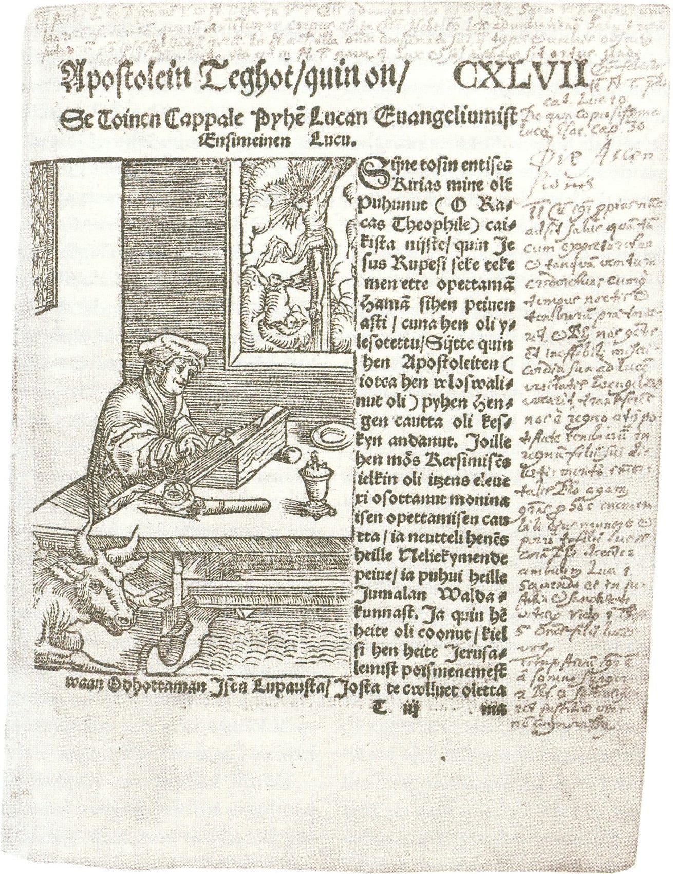 A printed page in black-letter type with a woodcut of a scribe writing at a desk, an ox at his feet, and handwritten notes filling the margin