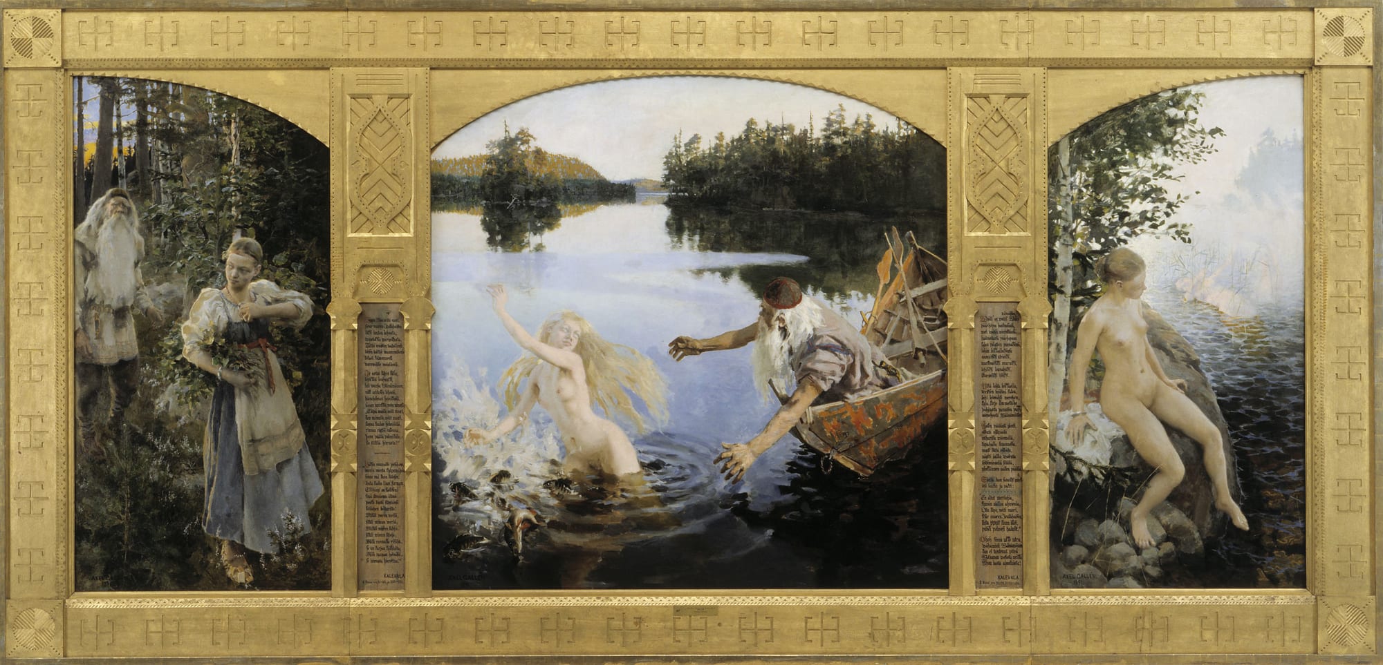 A three-panel painting of scenes from Finnish mythology, with a woman by a lake and an old bearded man