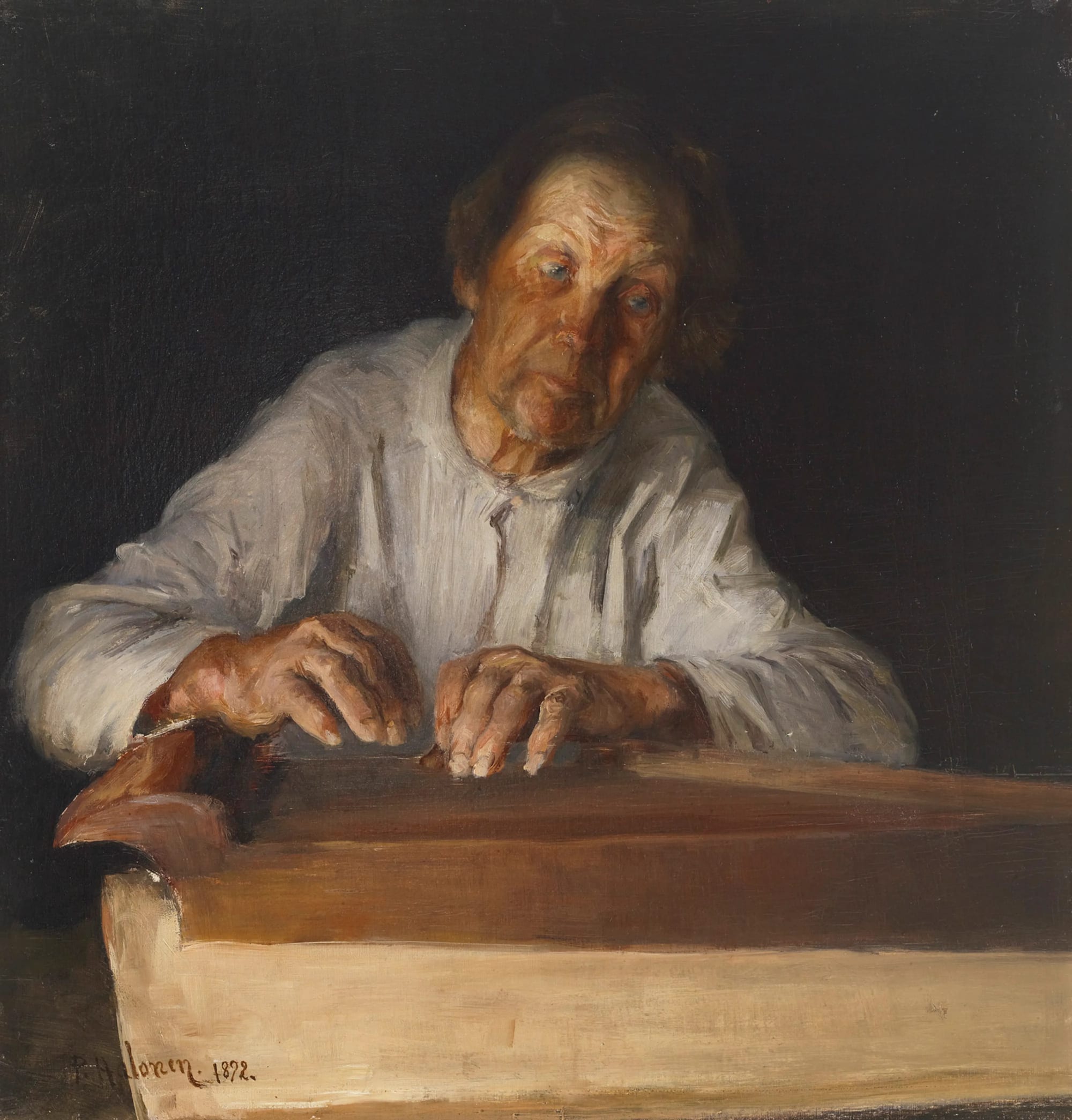 An oil painting of an old man with grey hair in a white collarless shirt, bent forward over a long wooden kantele, plucking its strings with both hands against a dark background