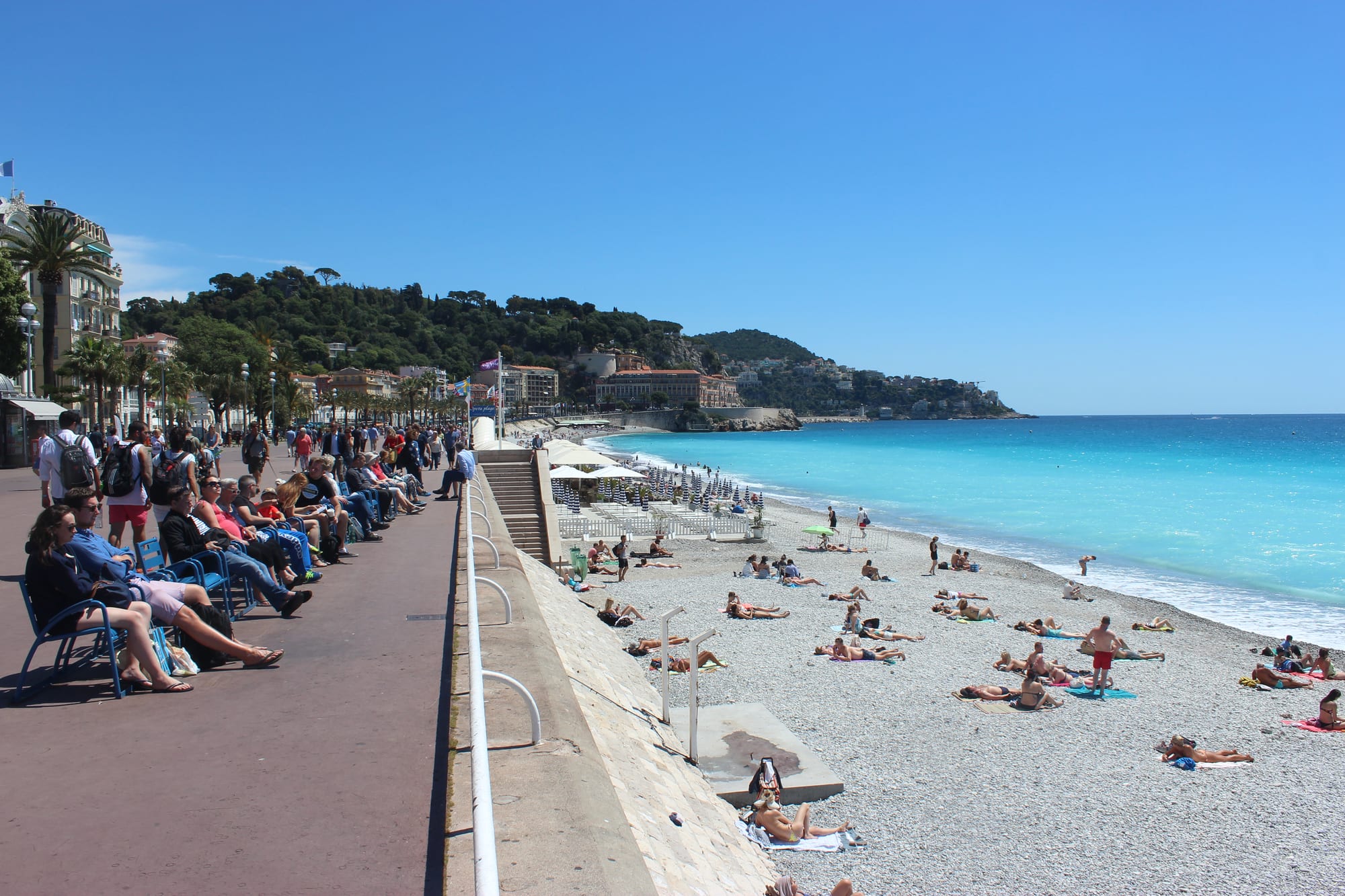 A palm-lined seafront promenade curving along a blue bay