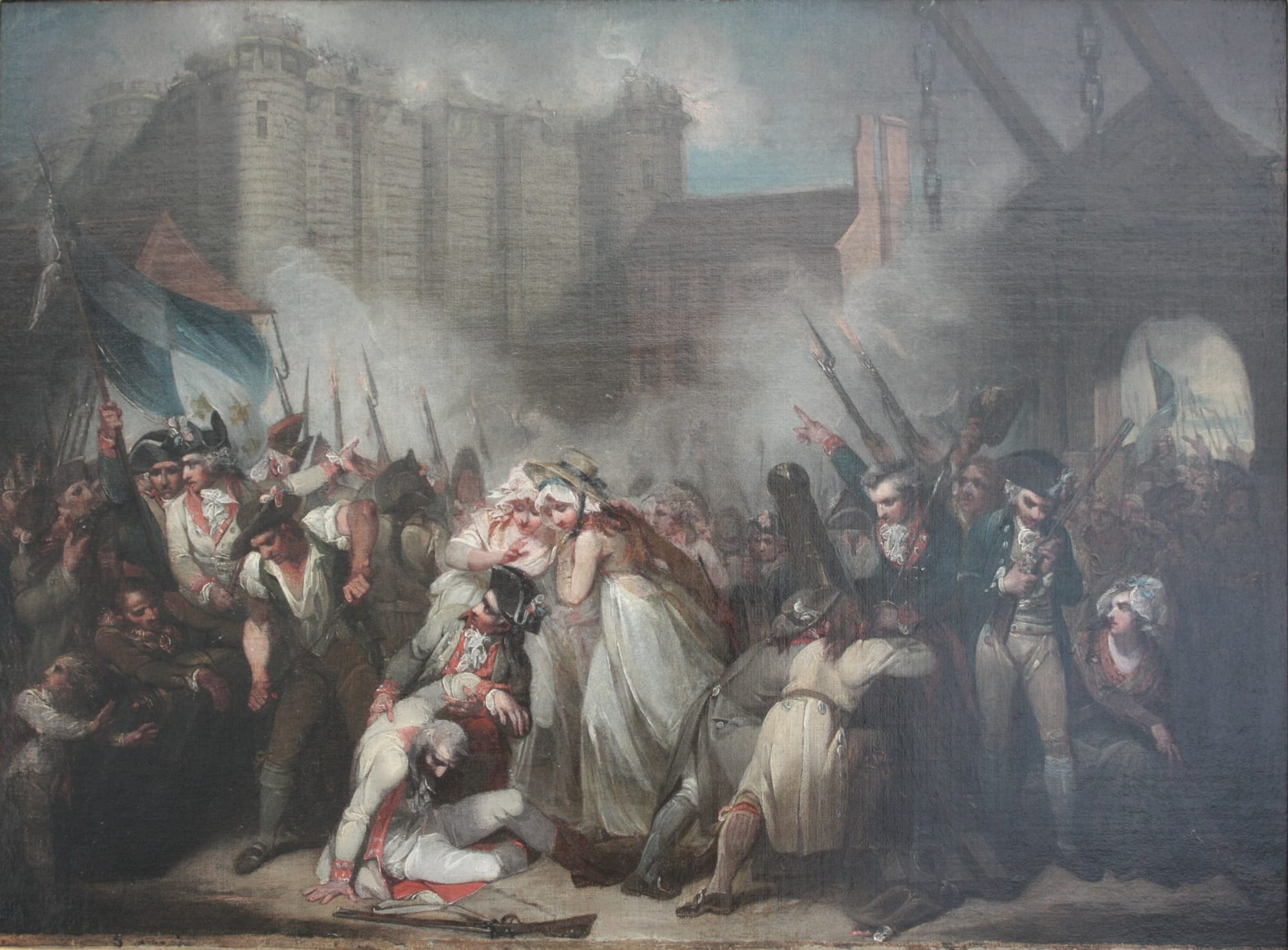 A crowded painting of armed civilians and soldiers attacking a stone fortress with smoke and flags