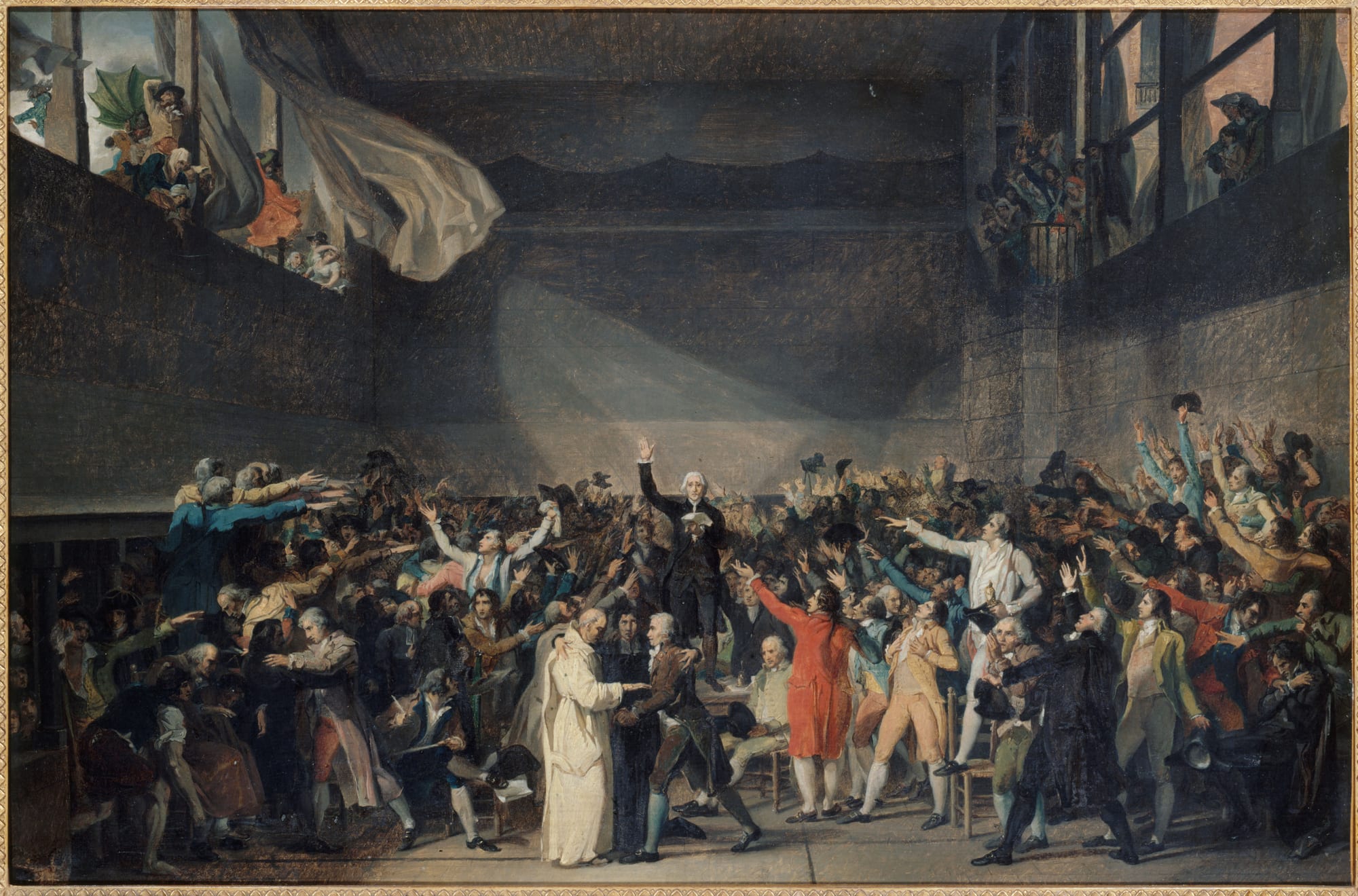 A painting of a packed hall of men in 18th-century dress raising their arms toward a figure standing on a table, while spectators lean in from high windows and a curtain billows in the wind