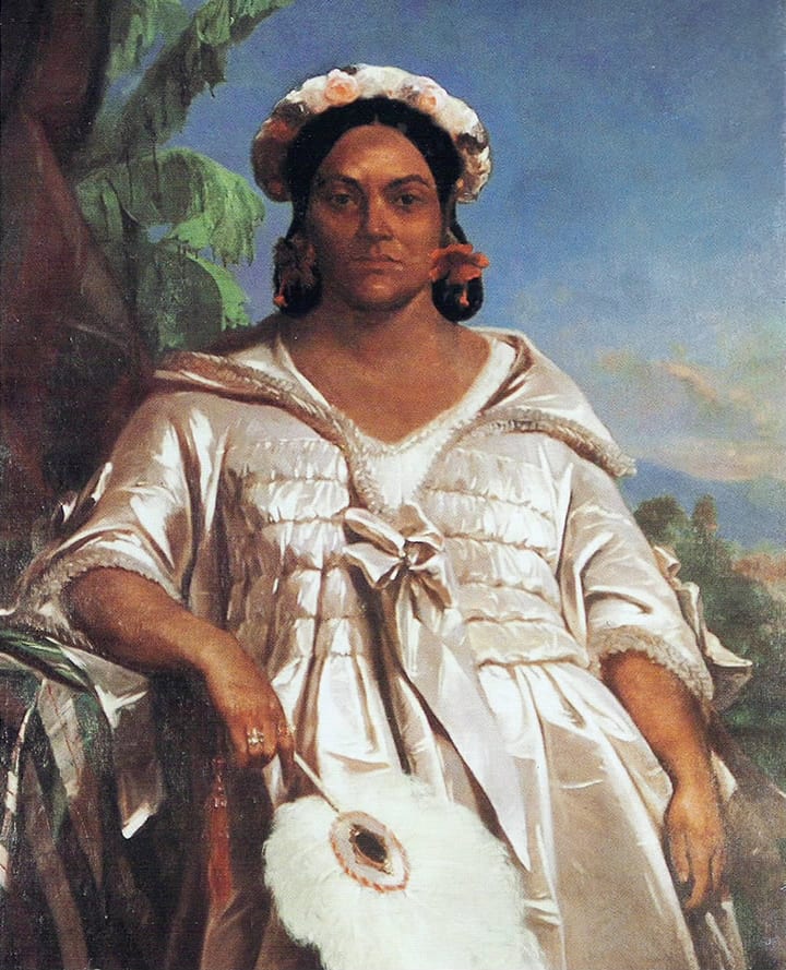 A painted portrait of Queen Pōmare IV in a dark European-style dress