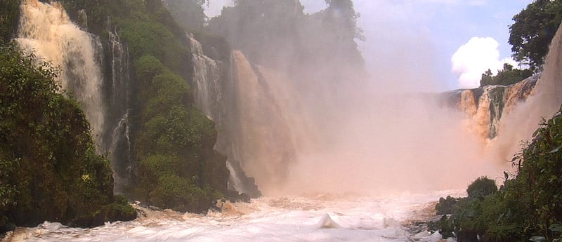 A wide, powerful waterfall spread across a river in thick jungle