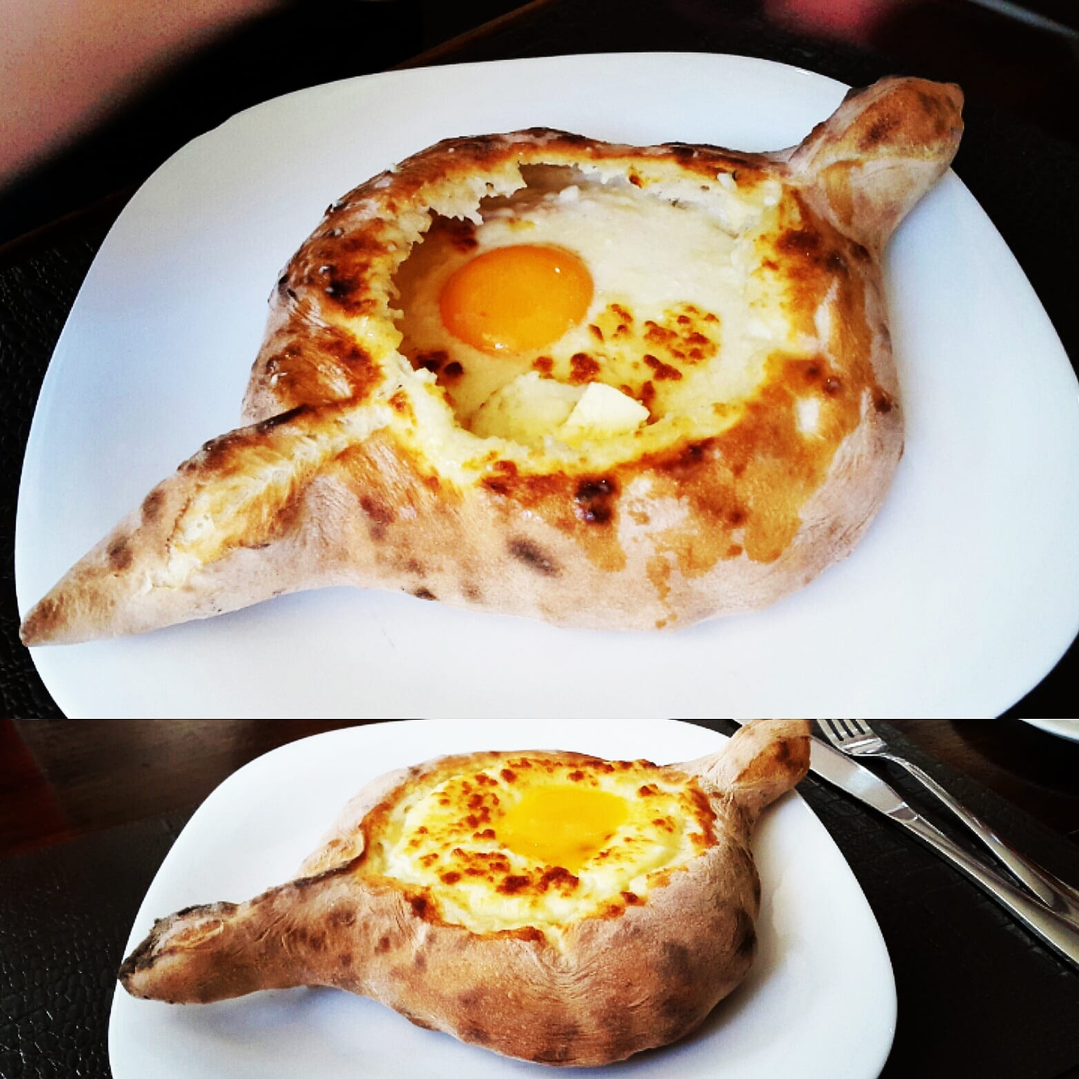 A boat-shaped bread filled with melted cheese and topped with a raw egg