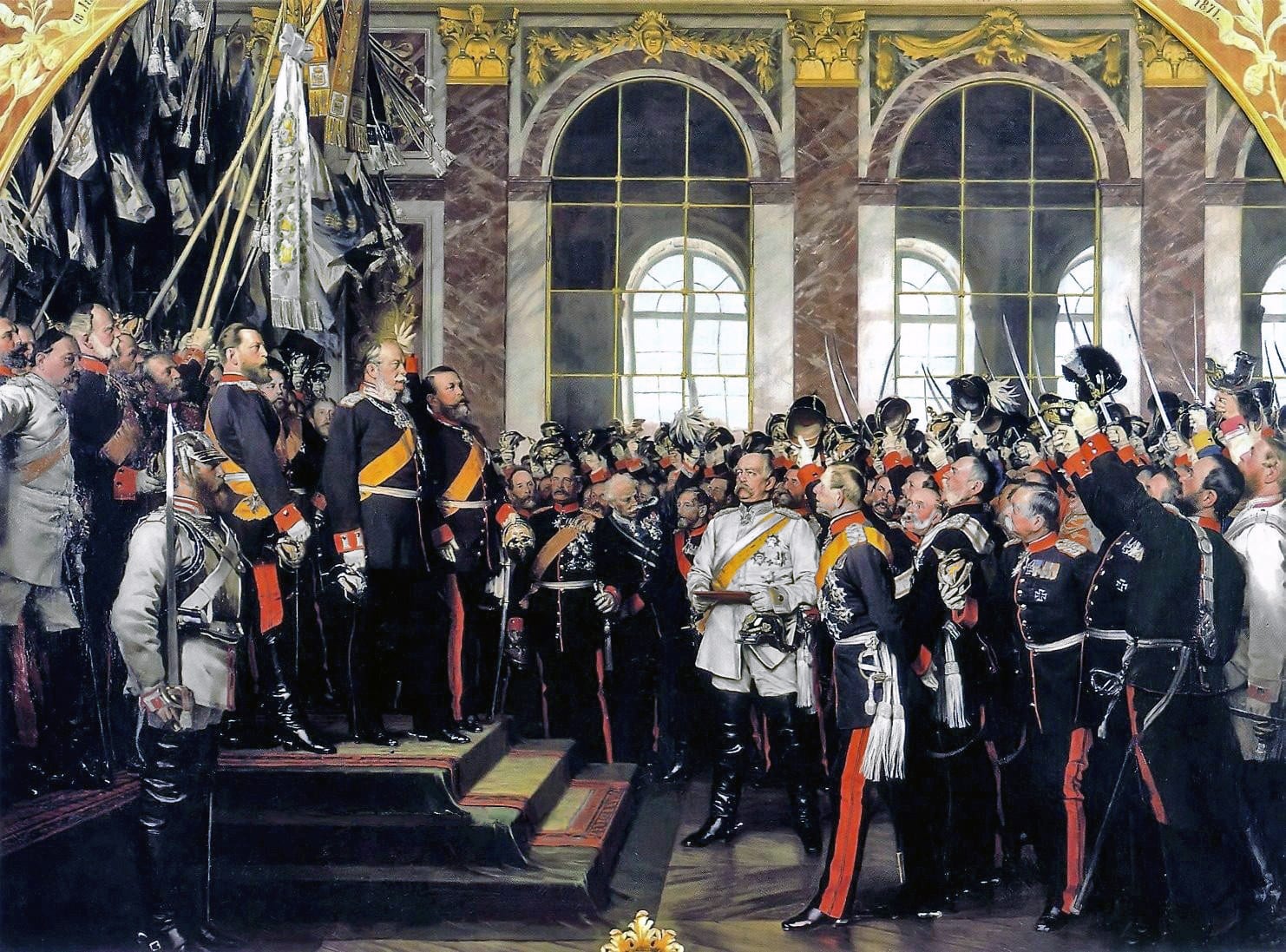 A painting of a crowded marble and mirrored hall where officers in dress uniform raise swords and helmets toward a group of men standing on a dais beneath regimental flags