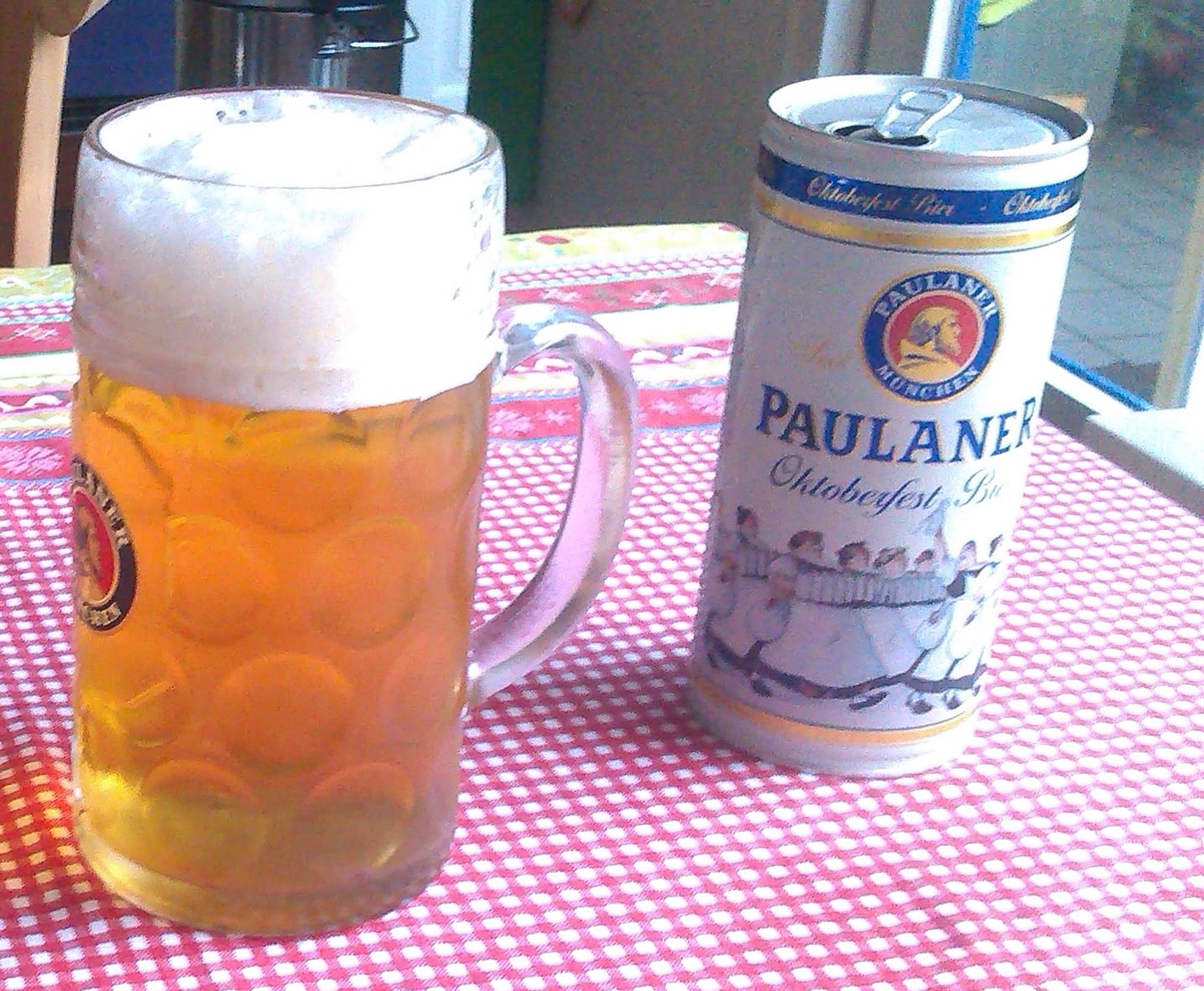 A one-litre beer stein filled with beer