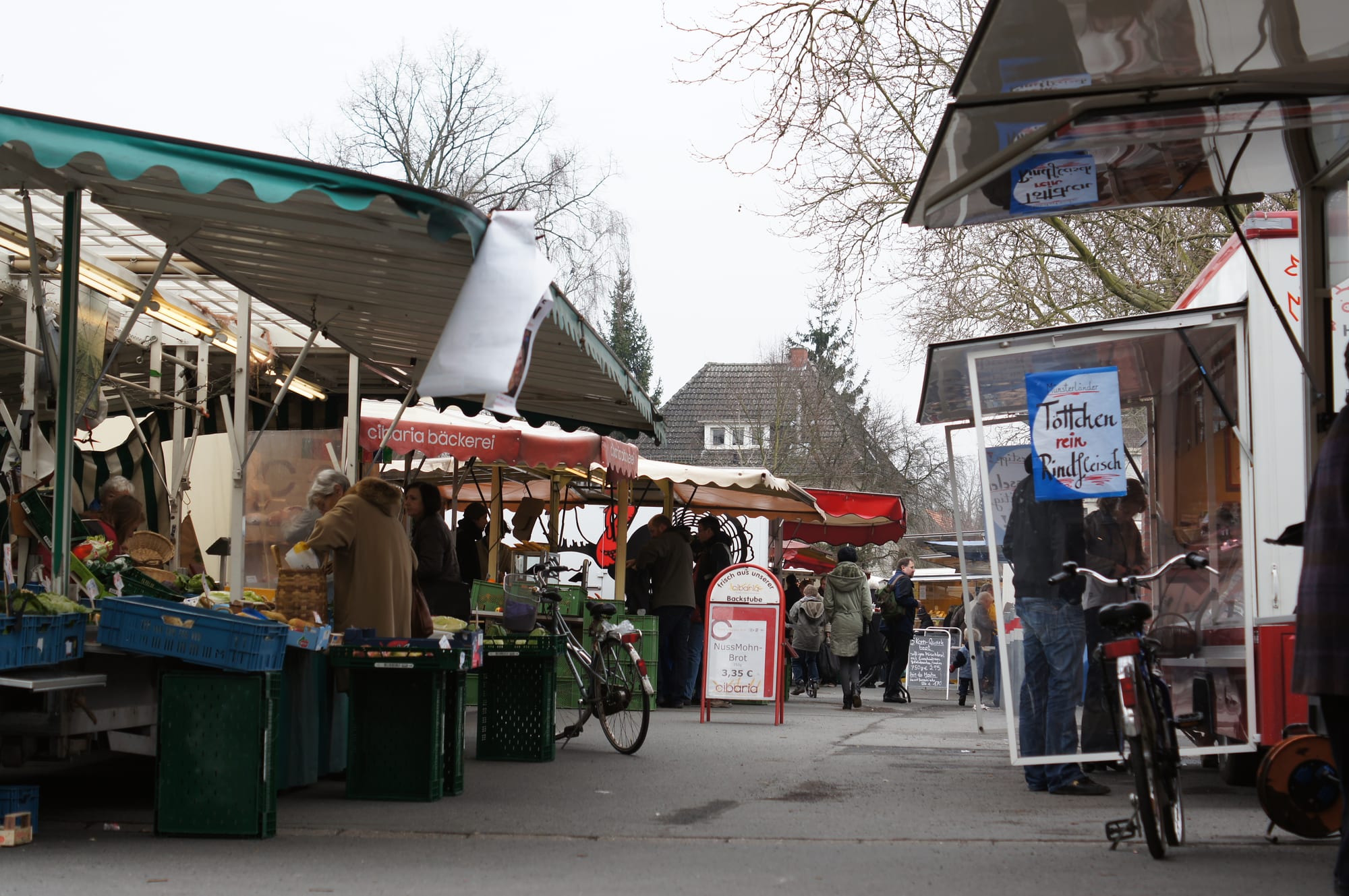 A weekly street market in Münster with covered stalls, bicycles and shoppers under a grey sky