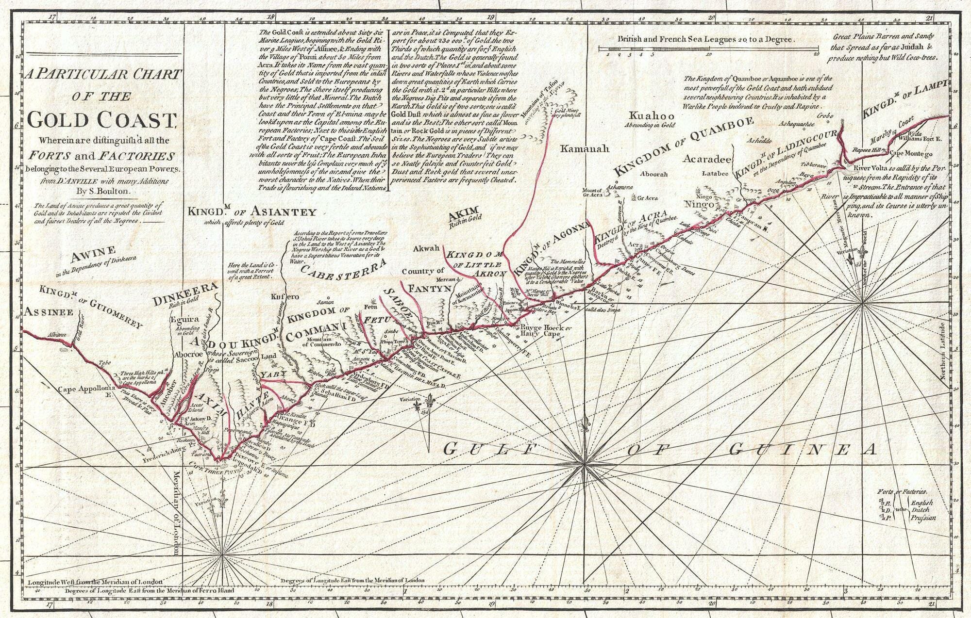 An engraved eighteenth-century sea chart of the Gold Coast, with kingdoms named inland and forts marked along the shore of the Gulf of Guinea