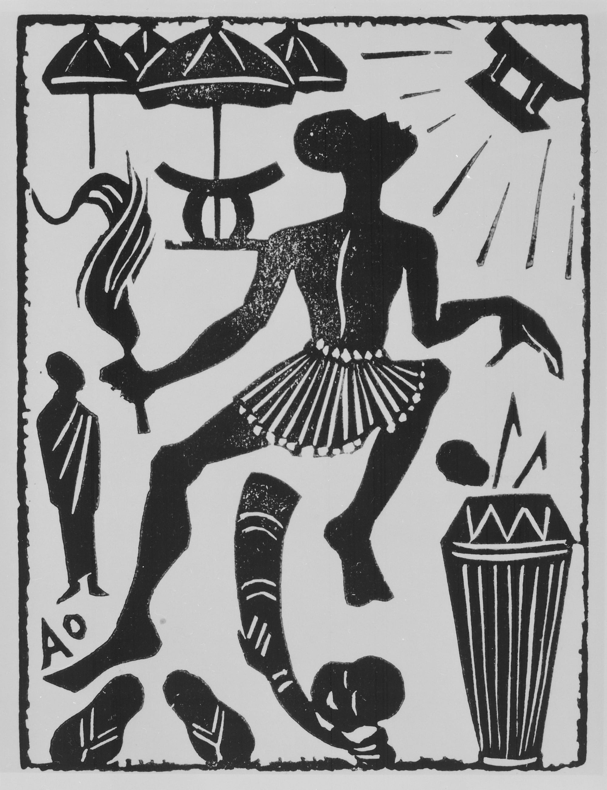 An illustration of a golden stool descending from the sky before a gathered assembly