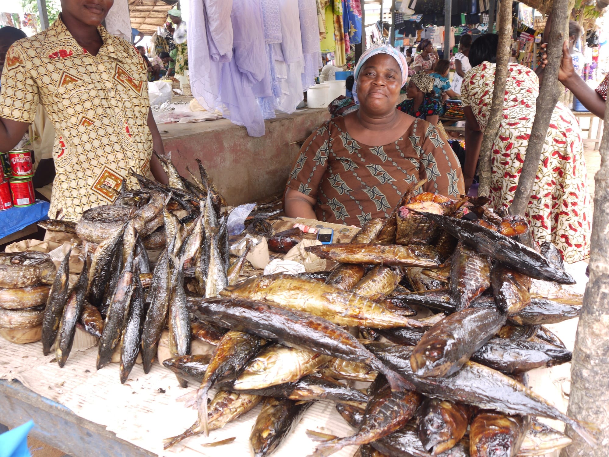 A woman selling piles of smoked fish at an outdoor market stall in Ghana, with other traders and hanging cloth visible behind her