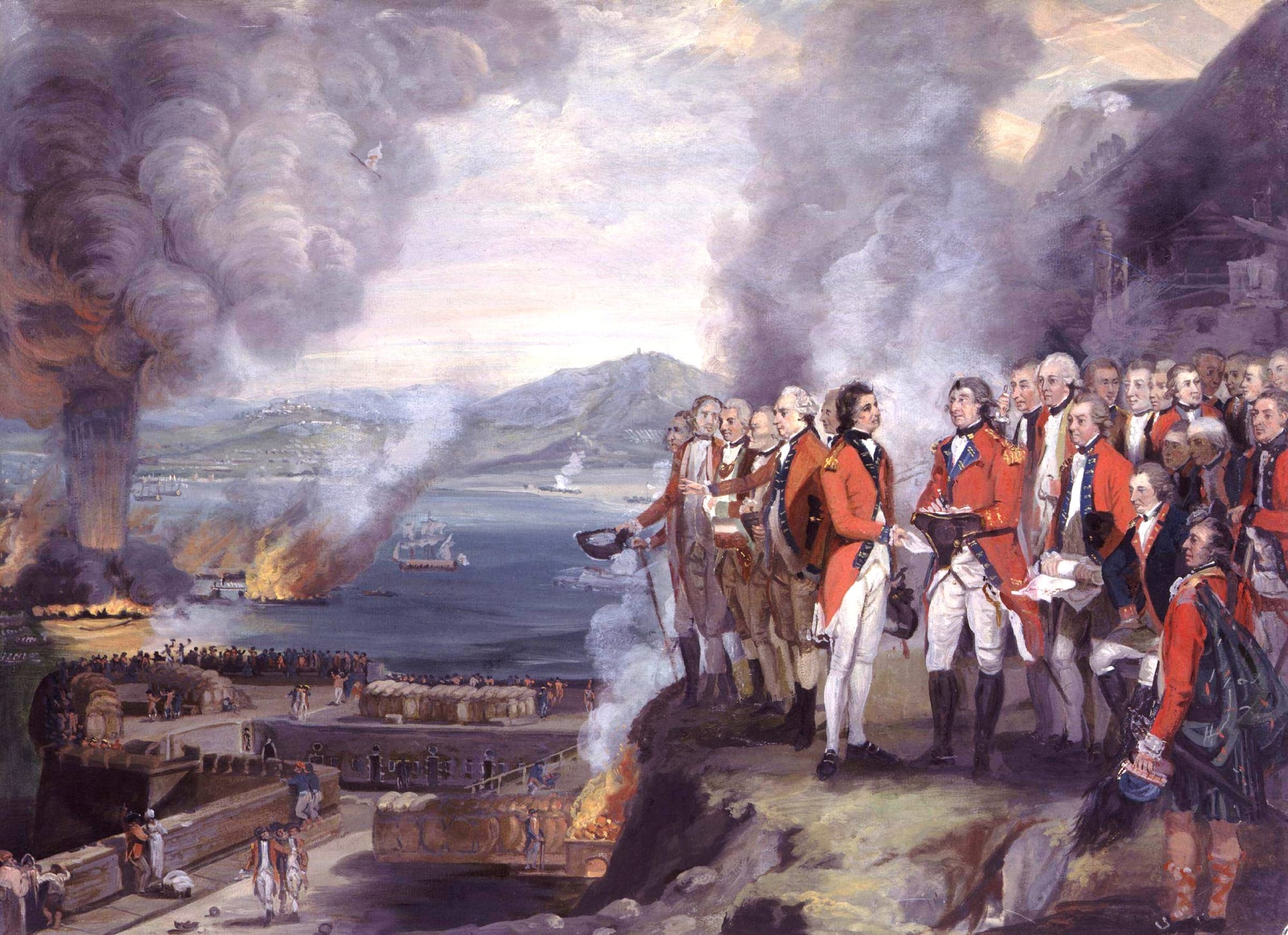 A dramatic painting of burning ships and cannon smoke below the Rock during the Great Siege