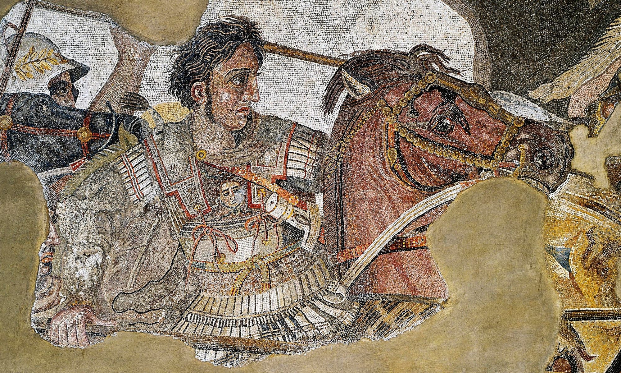 A Roman floor mosaic showing Alexander the Great on horseback charging in battle
