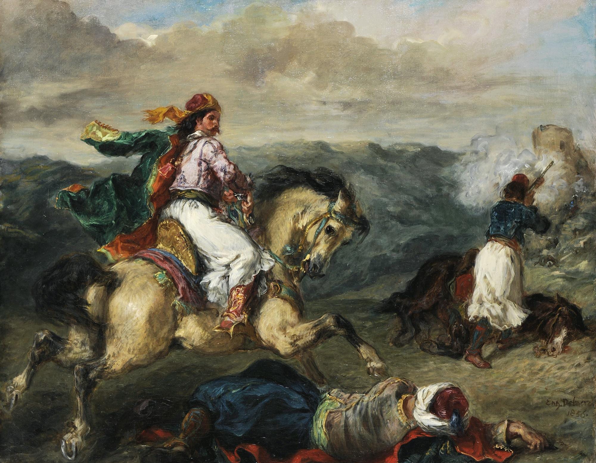 A Romantic painting of a Greek fighter in traditional dress standing over fallen bodies